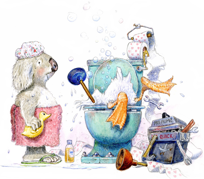 Art:  ‘KOALA CALLS A PLUMBER’  (A duck plumber gets down to business in a koala’s broken toilet.)  Funny original art by artist Jim Harris, especially for plumbers.